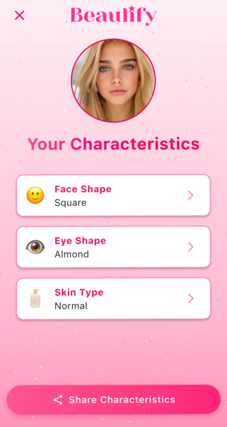 Beautify Your Characteristics screen showing face shape, eye shape and skin type