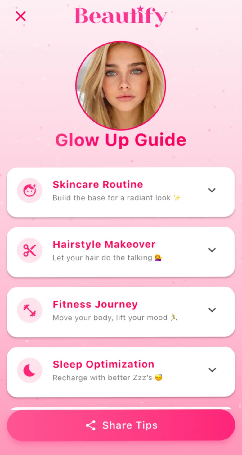 Beautify Glow Up Guide with skincare, hairstyle, fitness and sleep sections